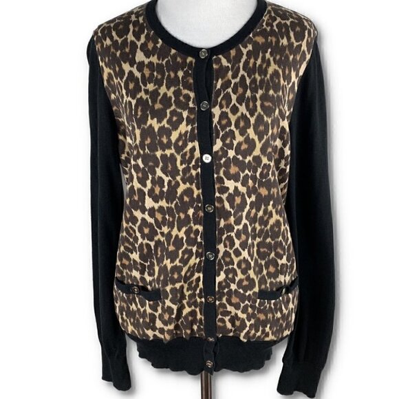 Ann Taylor womens sweater size L black brown cheetah print button down cardigan - Picture 10 of 10